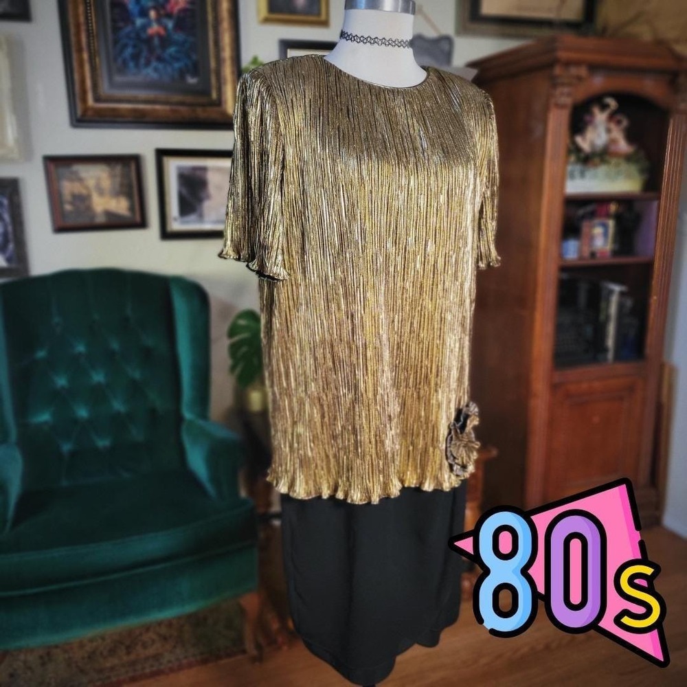 Patra Dress Gold Metallic Vintage 80s Pleated Black Skirt‎ Floral Detail Size 16